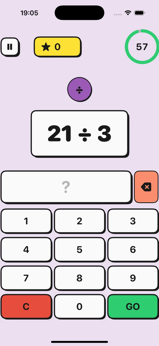 Zeta Two timed division challenge with score, countdown and number pad