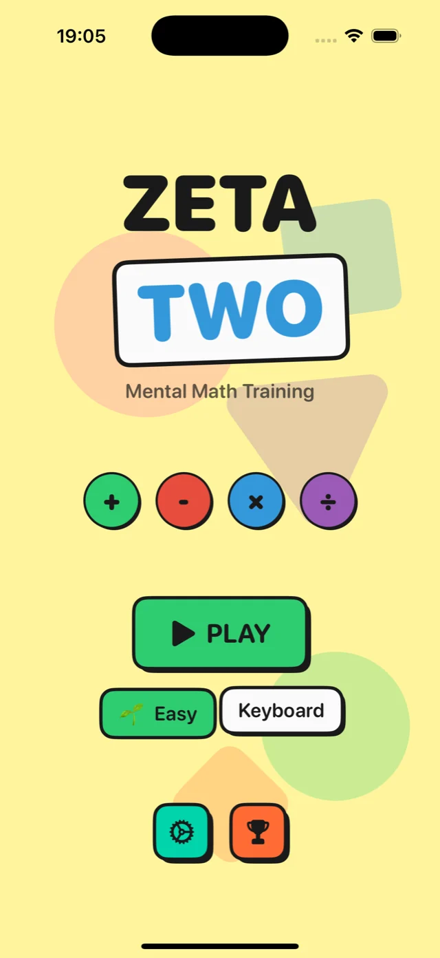 Zeta Two home screen with arithmetic game controls